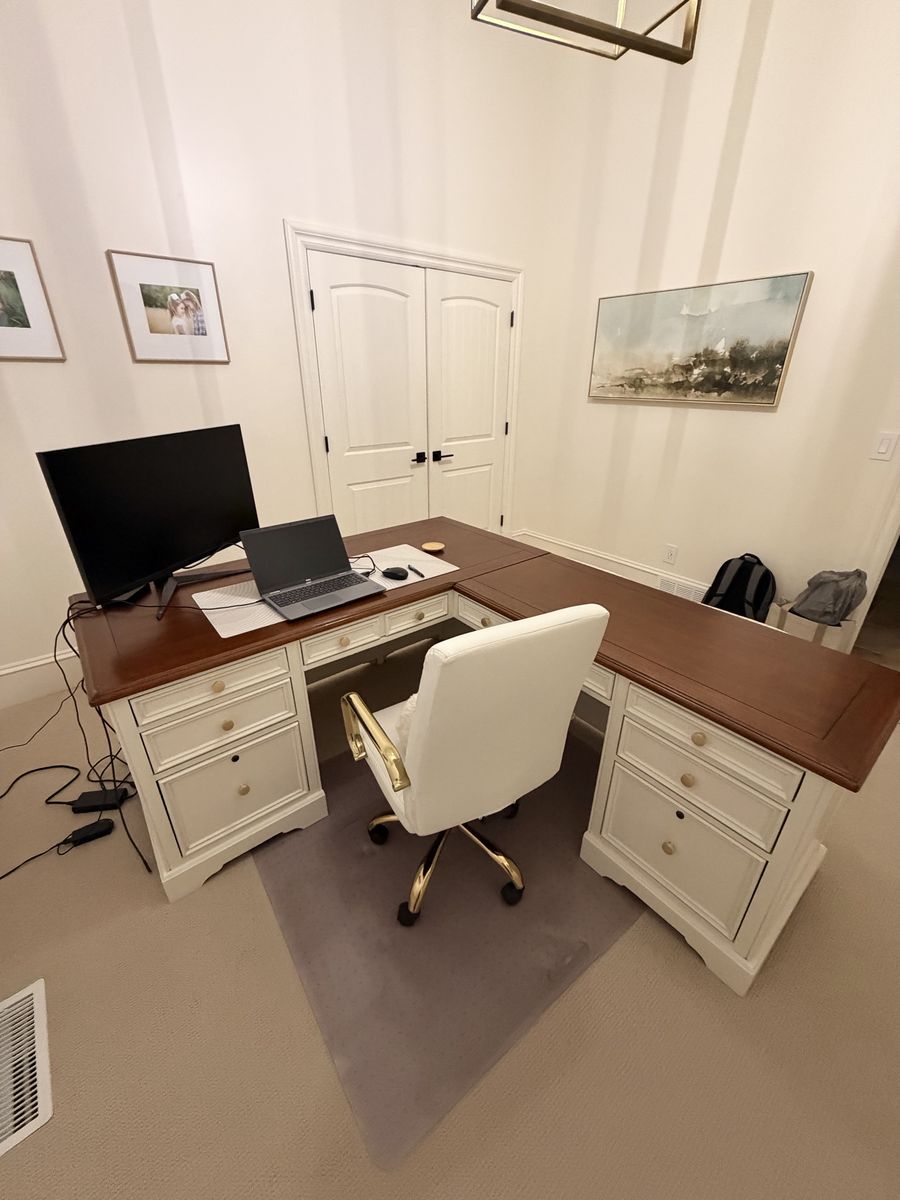 L-Shaped Home Office Desk with Drawers - Cream/Brown Wood Top