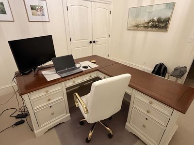L-Shaped Home Office Desk with Drawers - Cream/Brown Wood Top