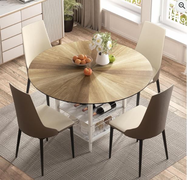 NEW! 47” Round Dining Table w/Storage Rack – Light Acacia