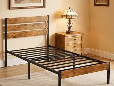 edx Twin Metal Bed Frame with Wood Headboard