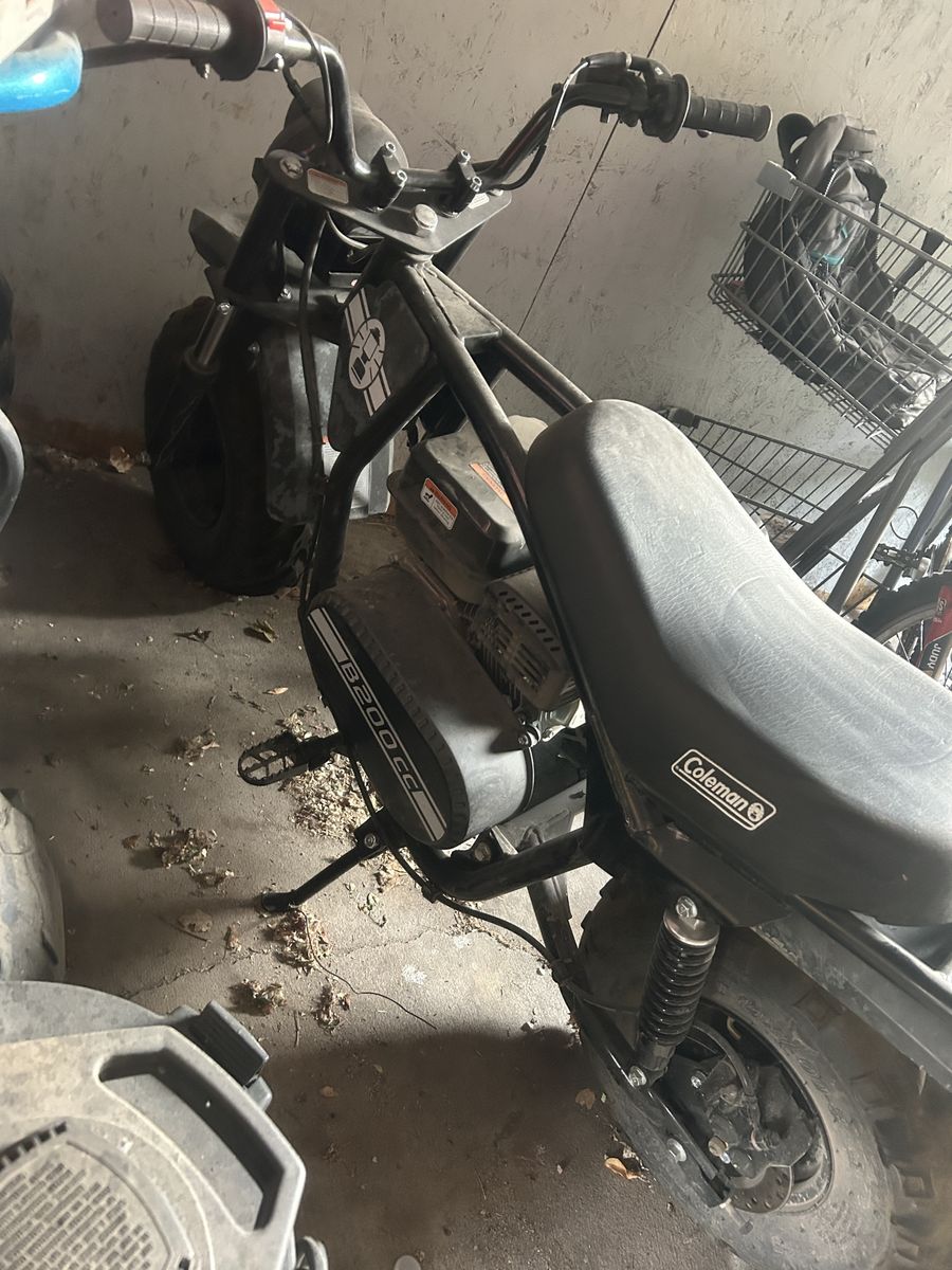 2025 Coleman Powersports B200RSV Mini Bike - 196cc/6.5HP, Black, Off-Road Motorcycle. Front and rear disc brakes and suspension.
