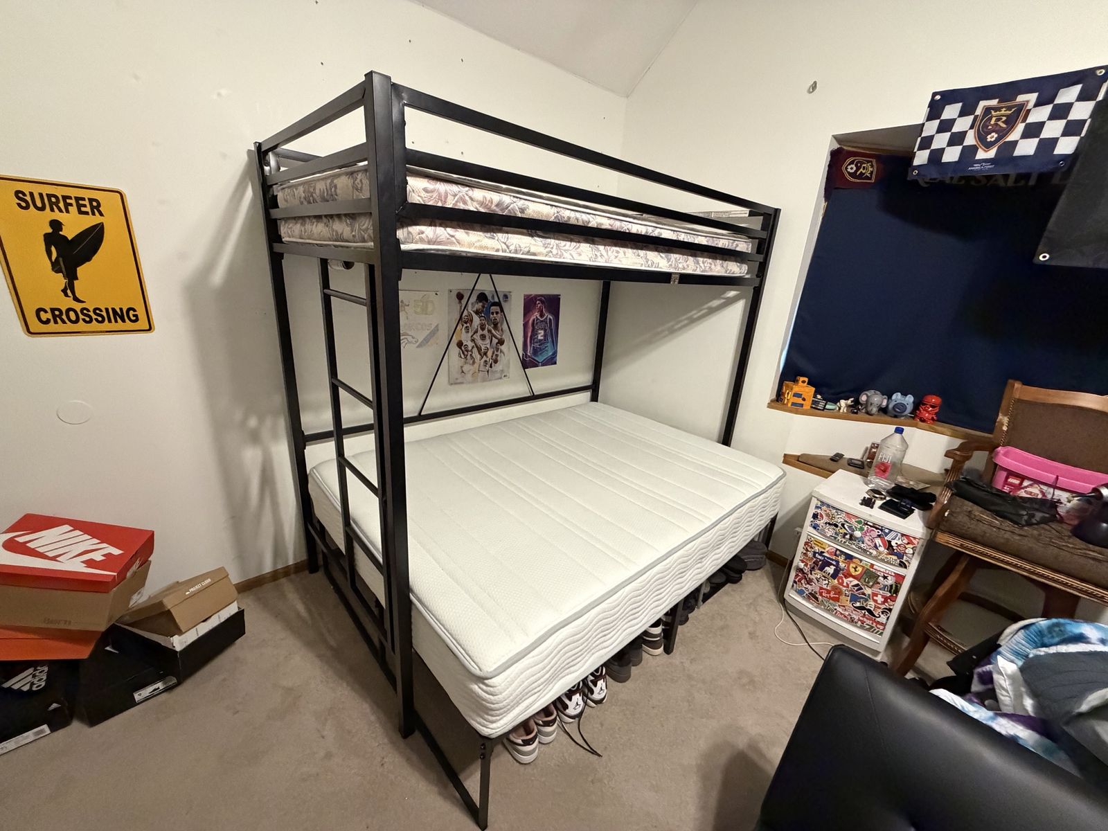 Black Metal Loft Bed Frame with Twin Mattress - Space Saving Design, Bought 2023