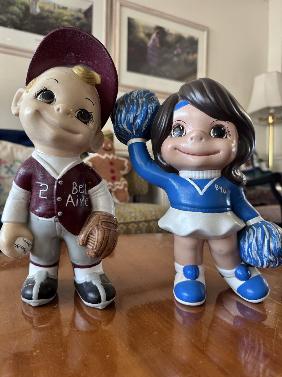 Vintage Ceramic Bel Aire Baseball Player & BYU Cheerleader Statues Set