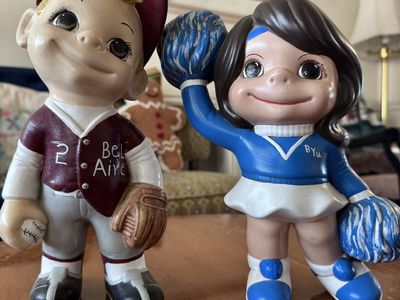 Vintage Ceramic Bel Aire Baseball Player & BYU Cheerleader Statues Set