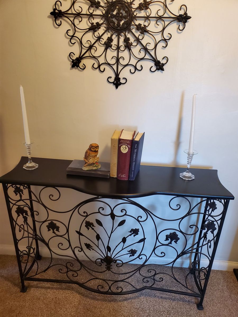 Ornate Wrought Iron Console Table – Gothic/Victorian Scrollwork Accent Table