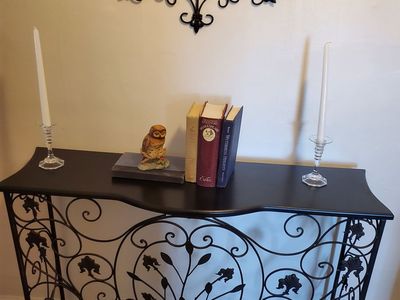 Ornate Wrought Iron Console Table – Gothic/Victorian Scrollwork Accent Table