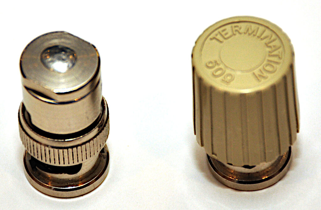 Two 10Base2 Ethernet coax cable terminators