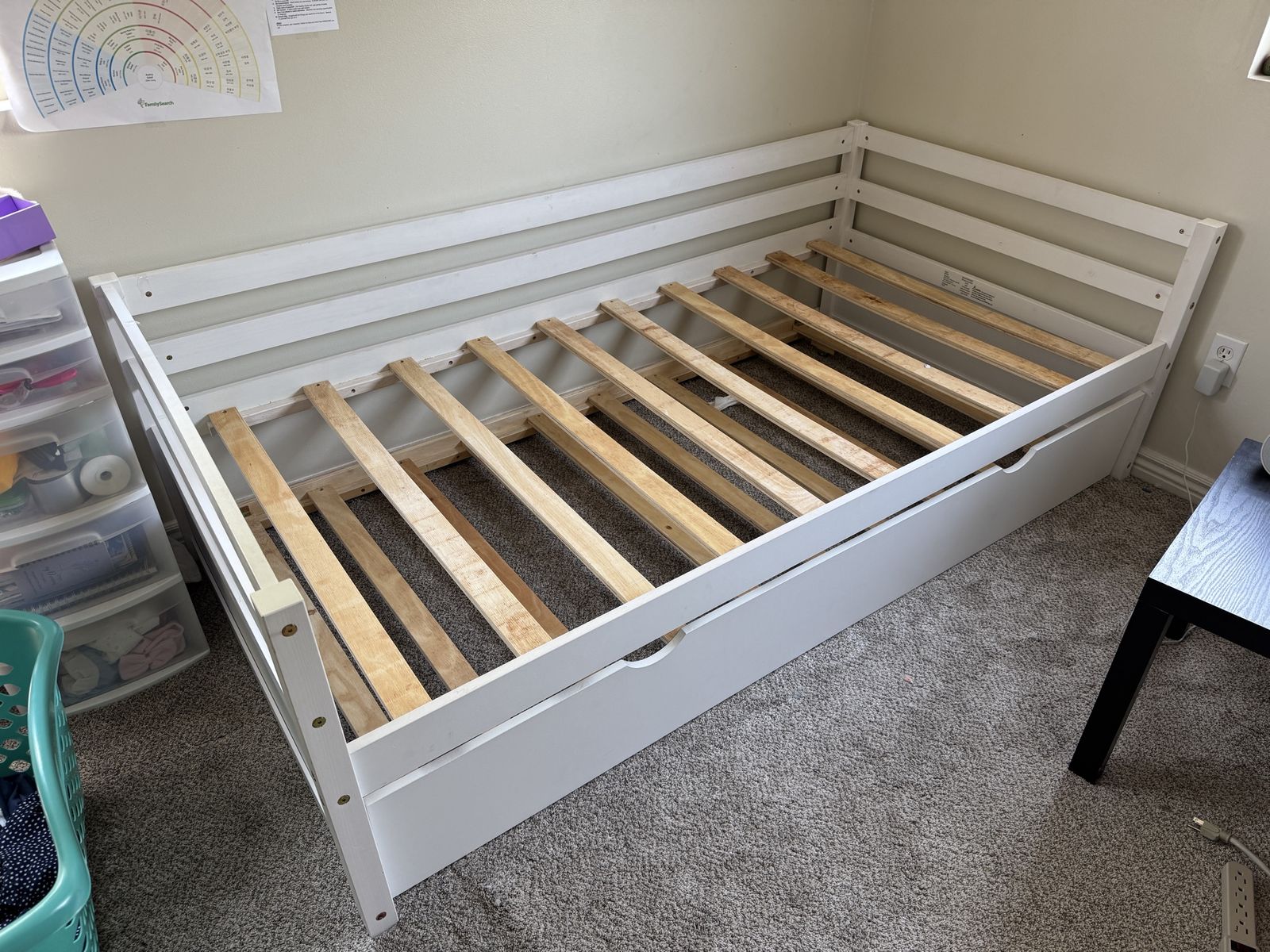 White Wood Daybed with Pull-Out Trundle Bed Frame - Twin Size, Slatted Base