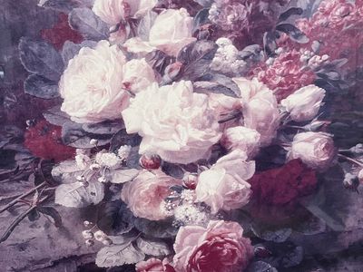 Bouquet of Pink Roses and Scented Stocks-Large Picture -Gold Frame