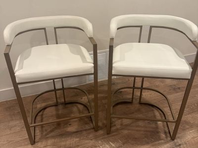 Pair of White Faux Leather & Gold Counter Height Bar Stools (28-inch seat)