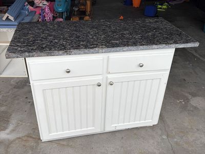 White Kitchen Island/Cabinet w/ Granite Countertop, 2 Drawers, 2 Cabinets - Used