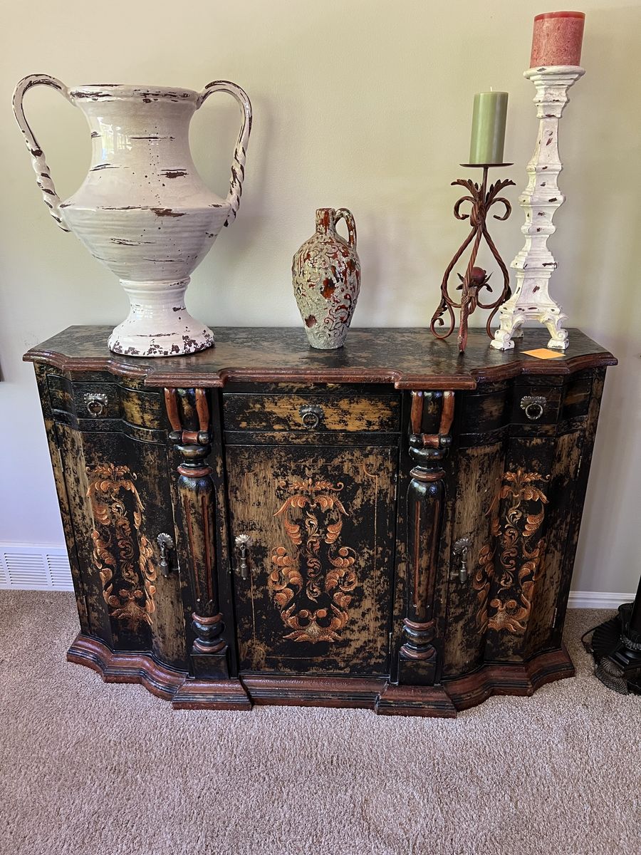 Ornate Black & Gold Distressed Wooden Sideboard Buffet Cabinet with Carved Details