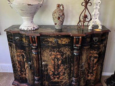 Ornate Black & Gold Distressed Wooden Sideboard Buffet Cabinet with Carved Details