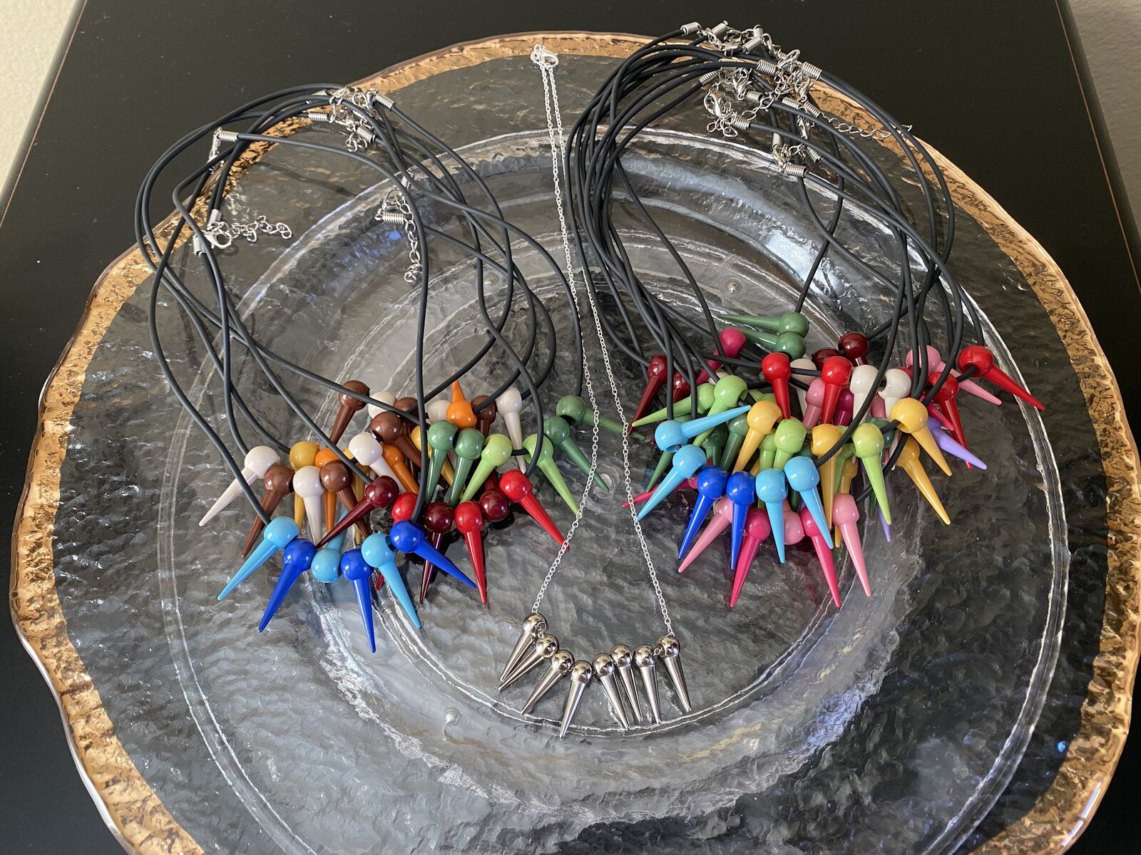 NEW! Adorable Spike Necklaces - Colorful Spikes on Black Chain - Silver Spikes on SP Chain - C PIX
