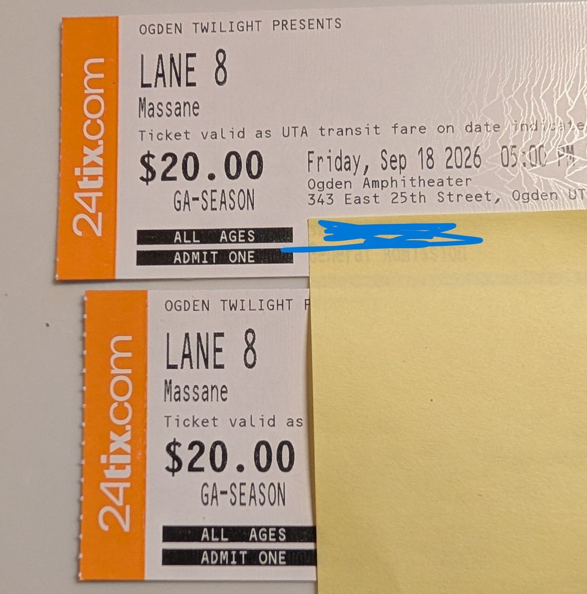 2, Lane 8 Ogden Twilight Tickets $40 for both. Sept 18th w Massane