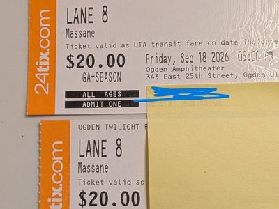 2, Lane 8 Ogden Twilight Tickets $40 for both. Sept 18th w Massane