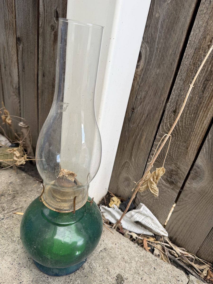 Vintage Green Glass Oil Lamp with Clear Chimney