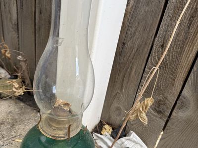 Vintage Green Glass Oil Lamp with Clear Chimney