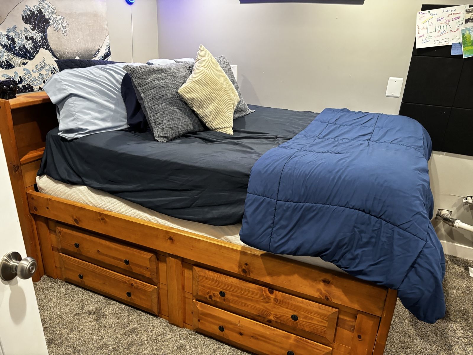 Sturdy Wooden Storage Bed Frame with Built-in Drawers and Headboard Shelf
