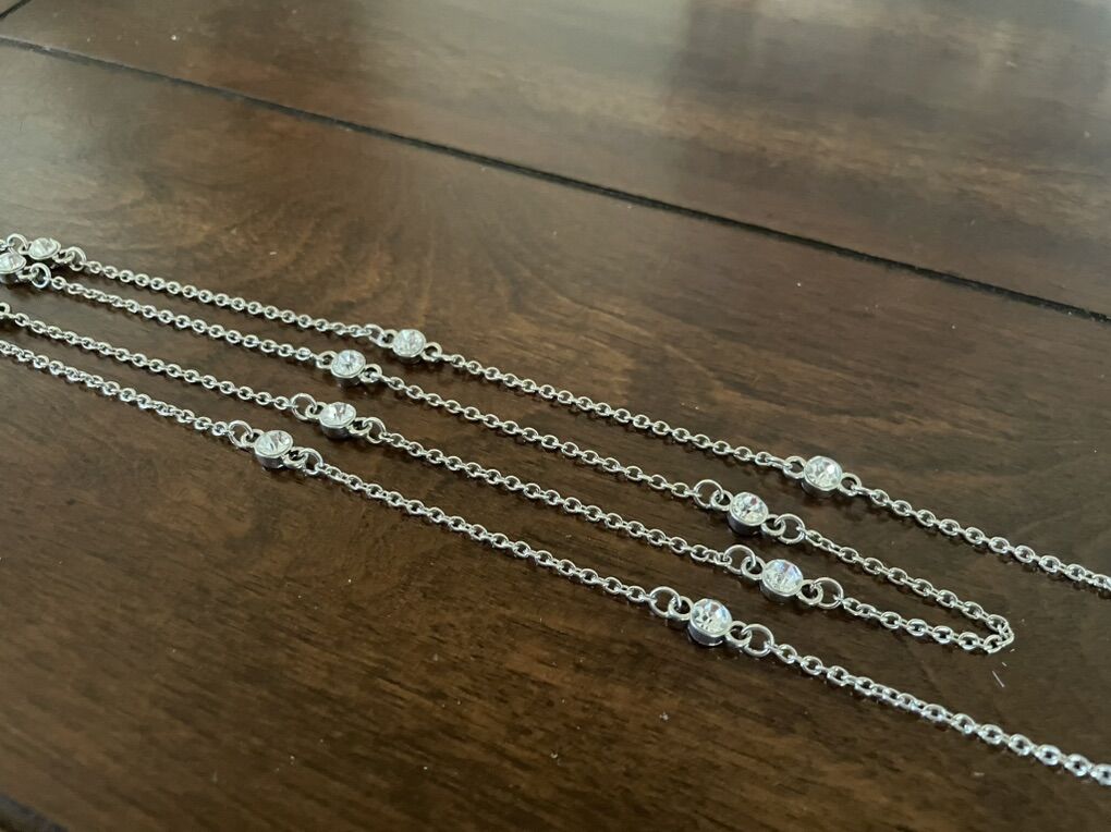 Long Double Strand Silver Tone Necklace W/ Stones