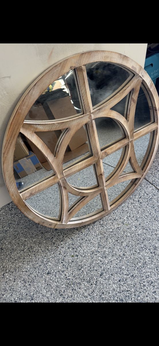 Round Wood Framed Decorative Wall Mirror - Geometric Design, Rustic Farmhouse Style