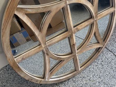Round Wood Framed Decorative Wall Mirror - Geometric Design, Rustic Farmhouse Style