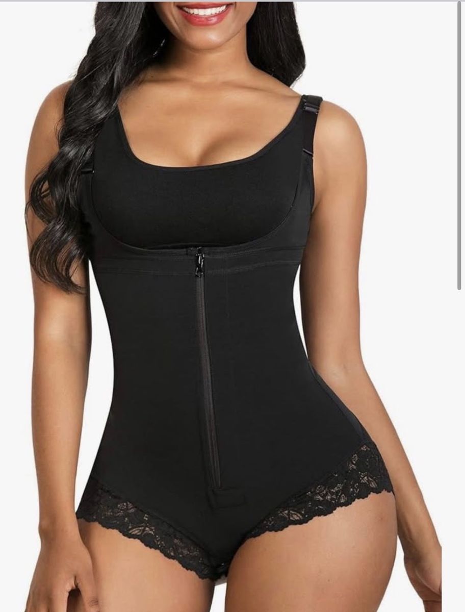 Black Full Body Shaper with Front Zipper & Lace Trim Bodysuit - Adjustable Straps