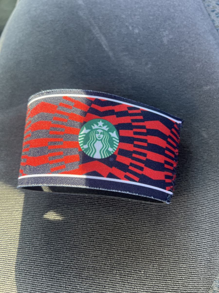 Starbucks Coffee Cup Cozy Sleeve Red White Blue Geometric Pattern Logo Reusable