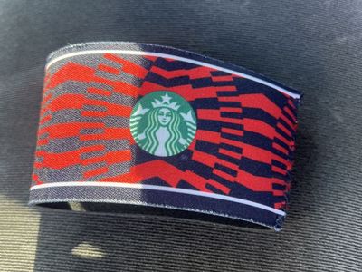 Starbucks Coffee Cup Cozy Sleeve Red White Blue Geometric Pattern Logo Reusable