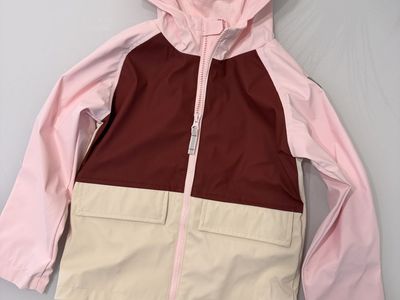 Lands' End Girls Hooded Rain Jacket Colorblock Pink Maroon Beige Size 5