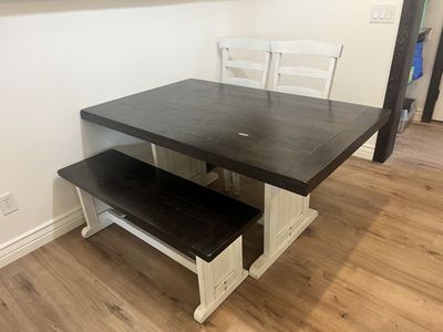 Farmhouse kitchen table, chairs, and bench