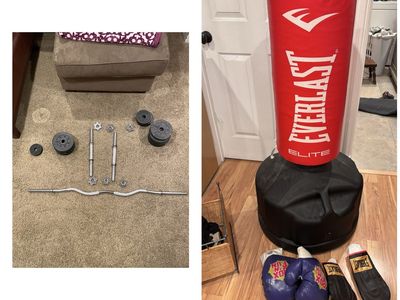 Home Gym Equipment. Everlast® Elite Freestanding Heavy Bag And Weight Set. See Description