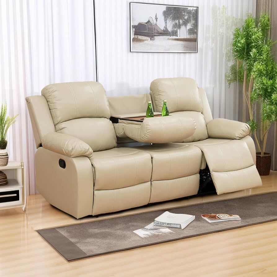 Beige Faux Leather Reclining Sofa with Drop-Down Console Table