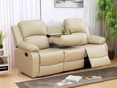 Beige Faux Leather Reclining Sofa with Drop-Down Console Table