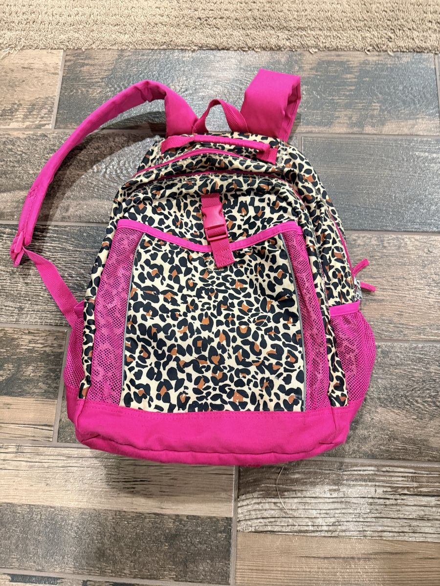 Children’s Place Kids Leopard Print Backpack with Bright Pink Trim and Pockets