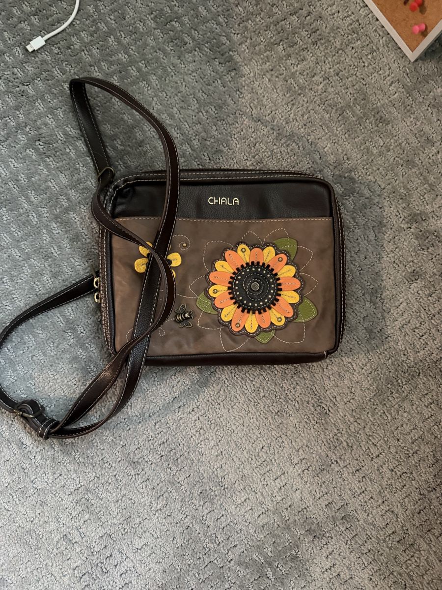Chala Patchwork Sunflower & Bee Crossbody Bag - Brown Faux Leather Adjustable Strap