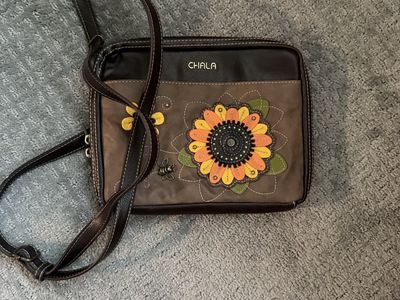 Chala Patchwork Sunflower & Bee Crossbody Bag - Brown Faux Leather Adjustable Strap