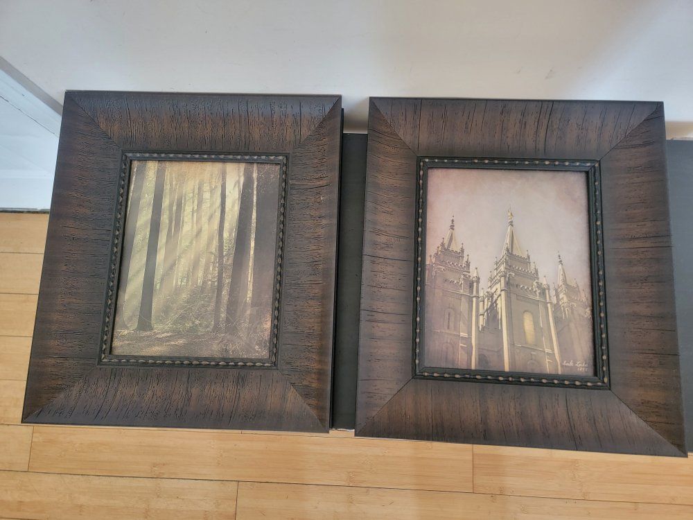 2 Dark Wood Framed Pics- SLC Temple & Sacred Grove