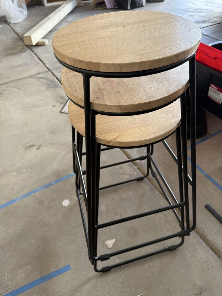 Set of 3 Modern Wood & Metal Nesting Bar Stools - Space-Saving Design, Light Wood/Black