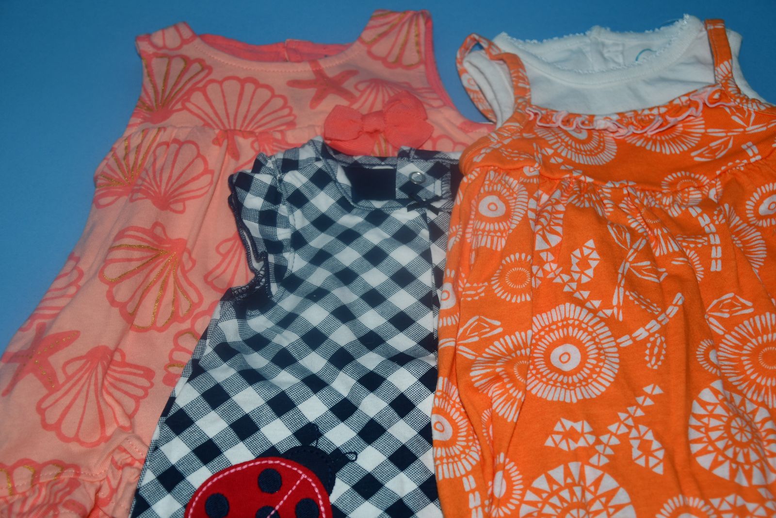 3 NWT BABY GIRL ROMPERS ~ SIZE 3-6 & 6-9 MONTHS ~ LADYBUG ~ SEASHELLS ~ ALL FOR $5