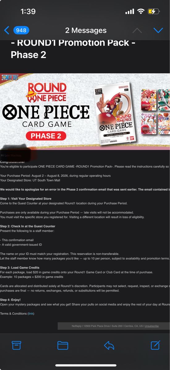 One Piece Card Game Round1 Promotion Pack Phase 2 - UT South Town Mall - Aug 2-8, 2026