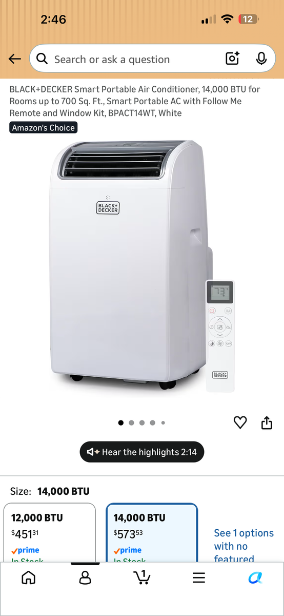 BLACK+DECKER Smart Portable Air Conditioner, 14,000 BTU for Rooms up to 700 Sq. Ft.