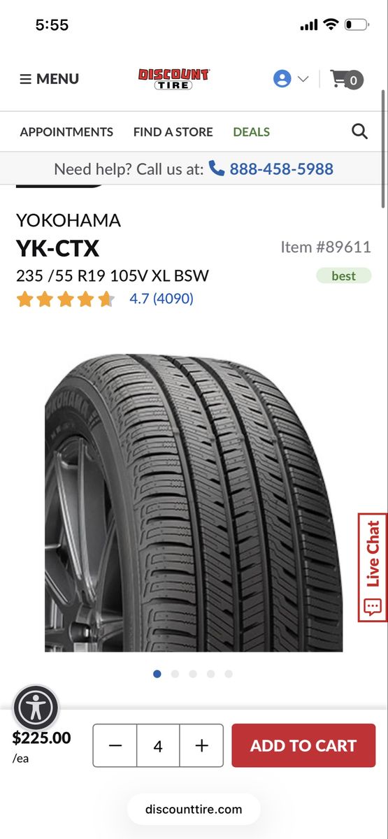 (4) Yokohama YK-CTX 235/55R19 105V XL BSW Tire - Excellent Tread (Free rims)