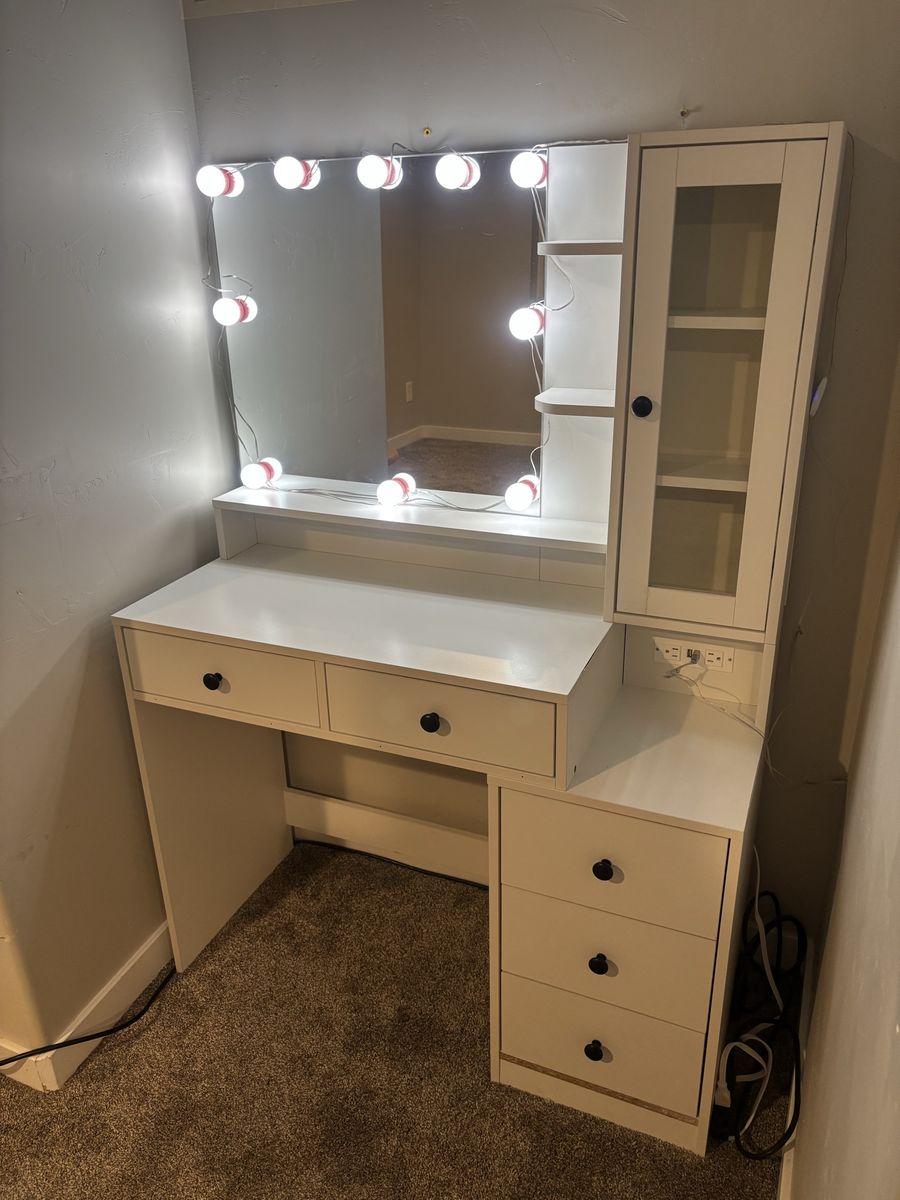 White Makeup Vanity with Lighted Mirror, Charging Station & Storage Drawers