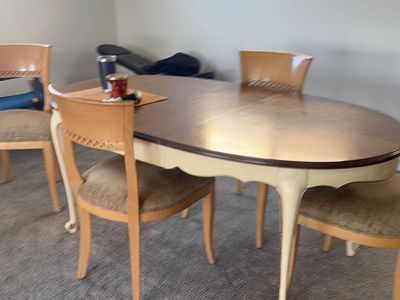 Two‑Tone Dining Table + 4 Chairs + 3rd Leaf – Expands for 6–8 Seats