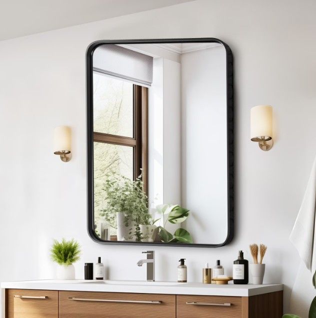 Modern 30 in. W x 22 in. H Rectangle Black Framed Bathroom Vanity Mirror Wall Mirror with Rounded Corners