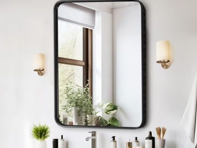 Modern 30 in. W x 22 in. H Rectangle Black Framed Bathroom Vanity Mirror Wall Mirror with Rounded Corners