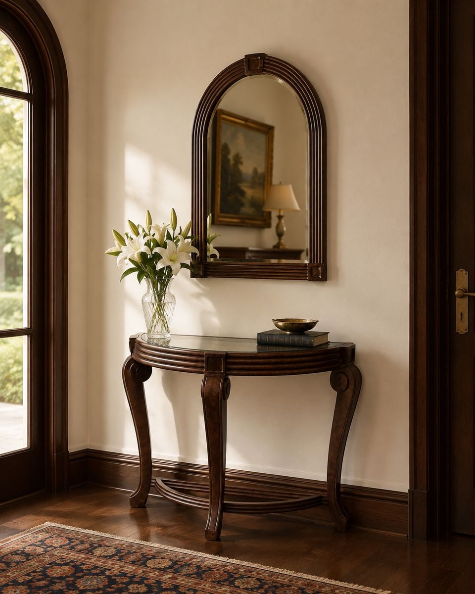 Traditional Half-Moon Console Table with Glass Top and Carved Wooden Base and mirror
