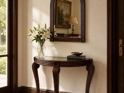 Traditional Half-Moon Console Table with Glass Top and Carved Wooden Base and mirror