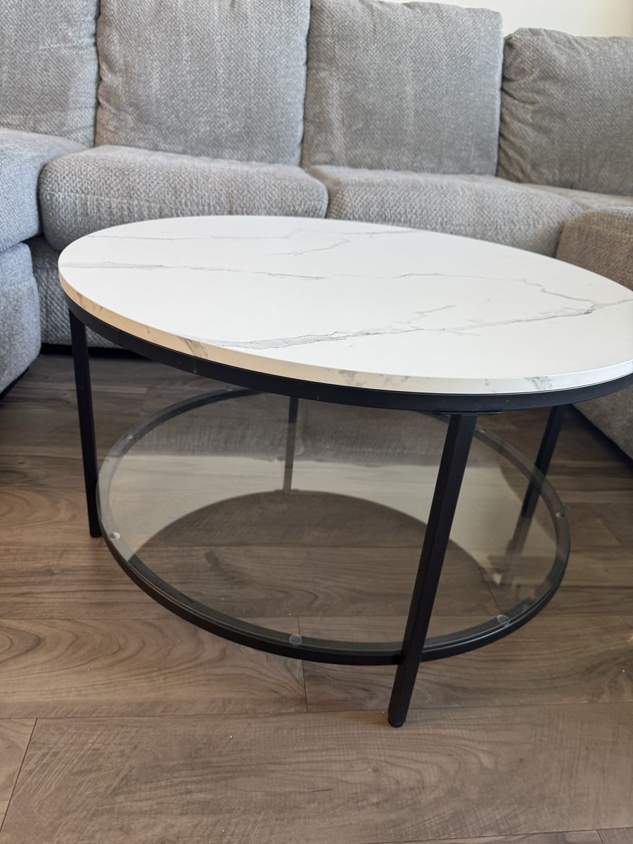Modern Round Coffee Table with White Faux Marble Top and Glass Shelf